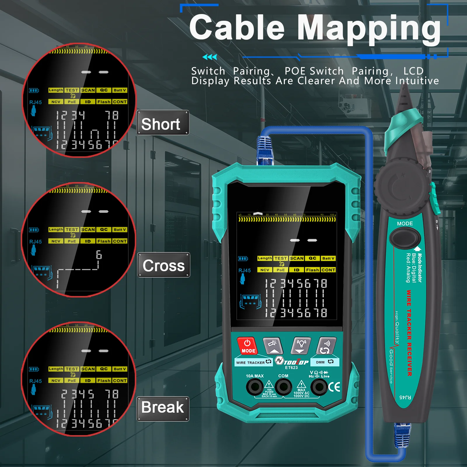 Netzwerkkabeltester LAN Kabelprüfer Kabelmapping POE Kurzschluss Test - Bild 4 von 12