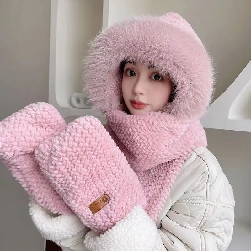 Winter Mode Set Damen Beanie Schal Handschuhe Beutel mit Tier-Design