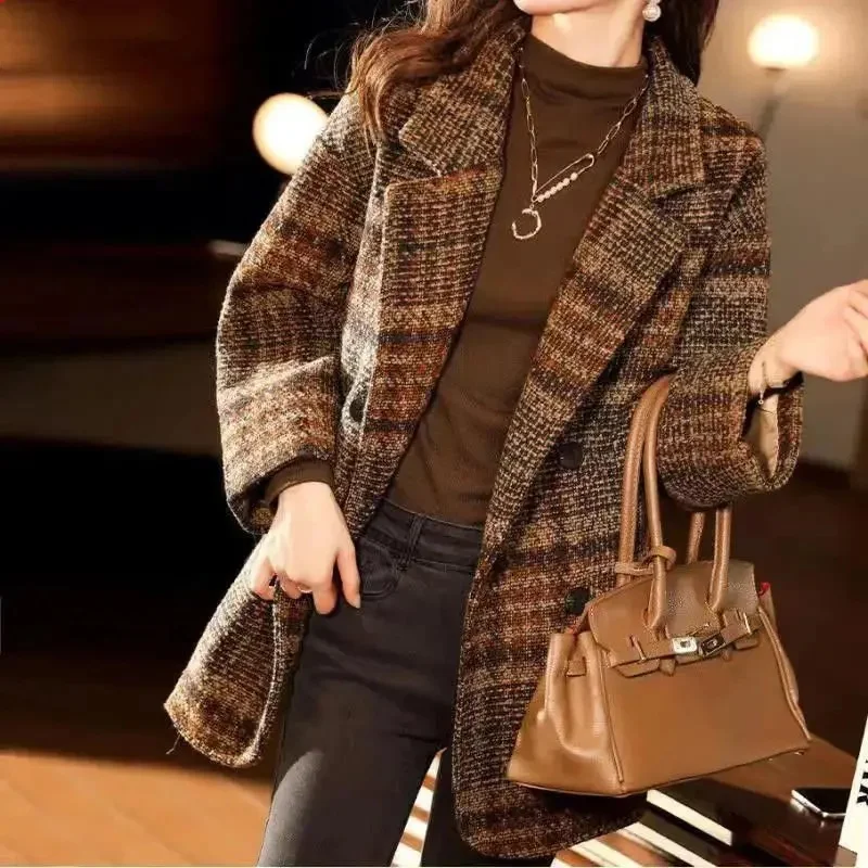 Schottenkaro Wollmantel Damen Oversize Lockere Passform Herbst Winter Vielseitig